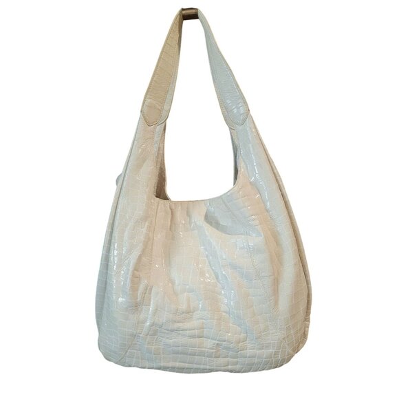 Chi By Fachi Handbags - CHI By Carlos Falchi Croc Embossed Beige Leather Hobo Shoulder Bag w/ Dustbag